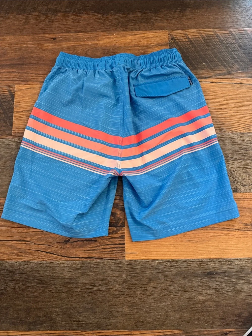 Men's Blue Swim Board Shorts with Coral and Cream Stripes